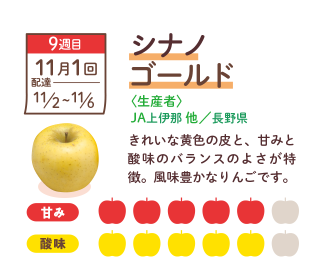 シナノゴールド　きれいな黄色の皮と、甘みと酸味のバランスのよさが特徴。風味豊かなりんごです。
