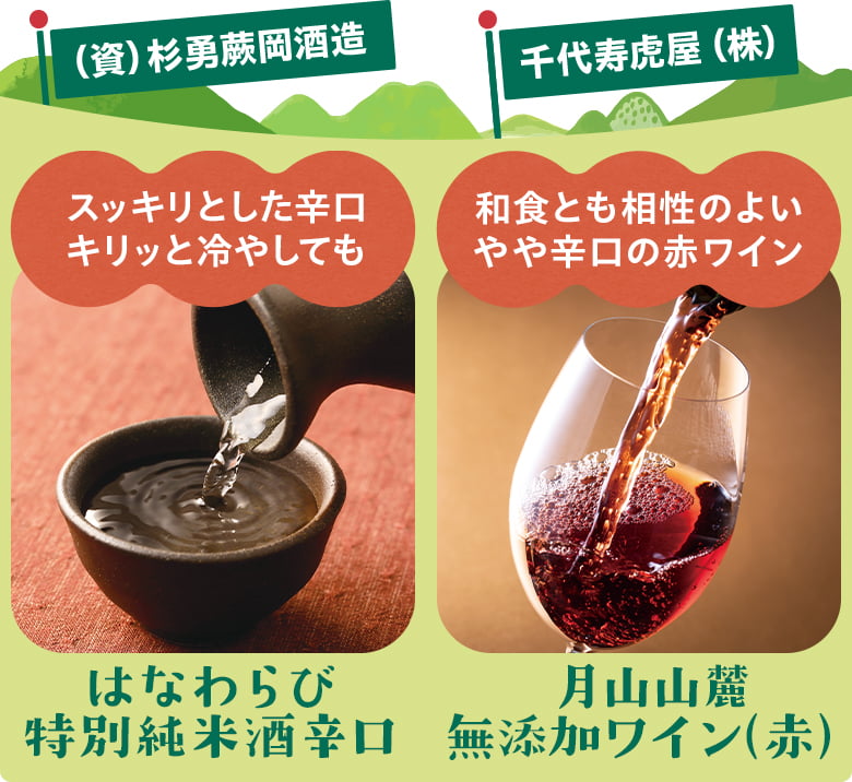 (資)杉勇蕨岡酒造/はなわらび特別純米酒辛口、千代寿虎屋（株）/月山山麓無添加ワイン（赤）