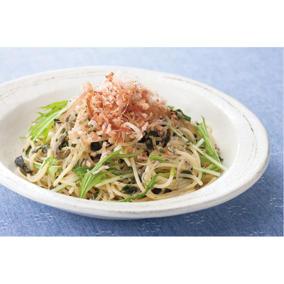 しそわかめちりめんと水菜のパスタ