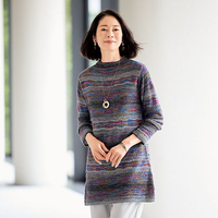 かすり糸使いニットチュニック　グレー×ワイン系　LL
