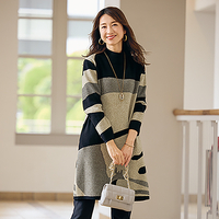 ジャカードニットチュニック　黒×ベージュ系　ML