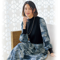 ニット切替えプリントワンピース　ブラック×デニム柄　LL