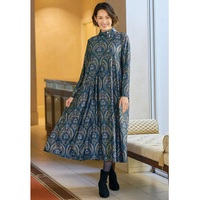 ダマスク柄風ジャージーワンピース　ブルーグリーン系　L