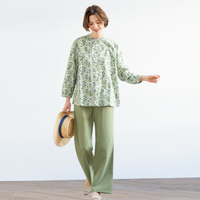 「お家で洗える」セミワイドパンツ　ライムグリーン　LL