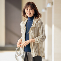 先染めストライプ綿楊柳フード付ジャケット　ベージュ系　ML