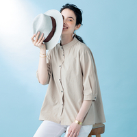 スタンドネック　コットンフレアシャツ　ベージュ　LL