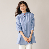 フリル襟ストライプ　ロングブラウス　ブルー系　L