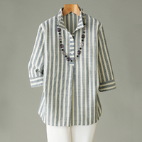綿混先染めストライプ襟付ブラウス　オフホワイト×グレー　LL
