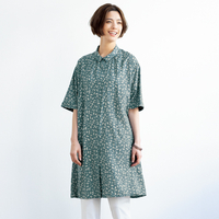 リーフプリントシャツチュニック　ブルー×ライトグレー系　LL