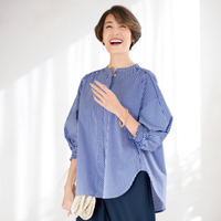 ストライプドルマンシャツ　ネイビー系　M