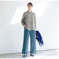 「お家で洗える」リラックスセミワイドパンツ　杢ブルー　M