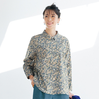 リーフプリントコットンシャツ　ベージュ×ブルー系　LL